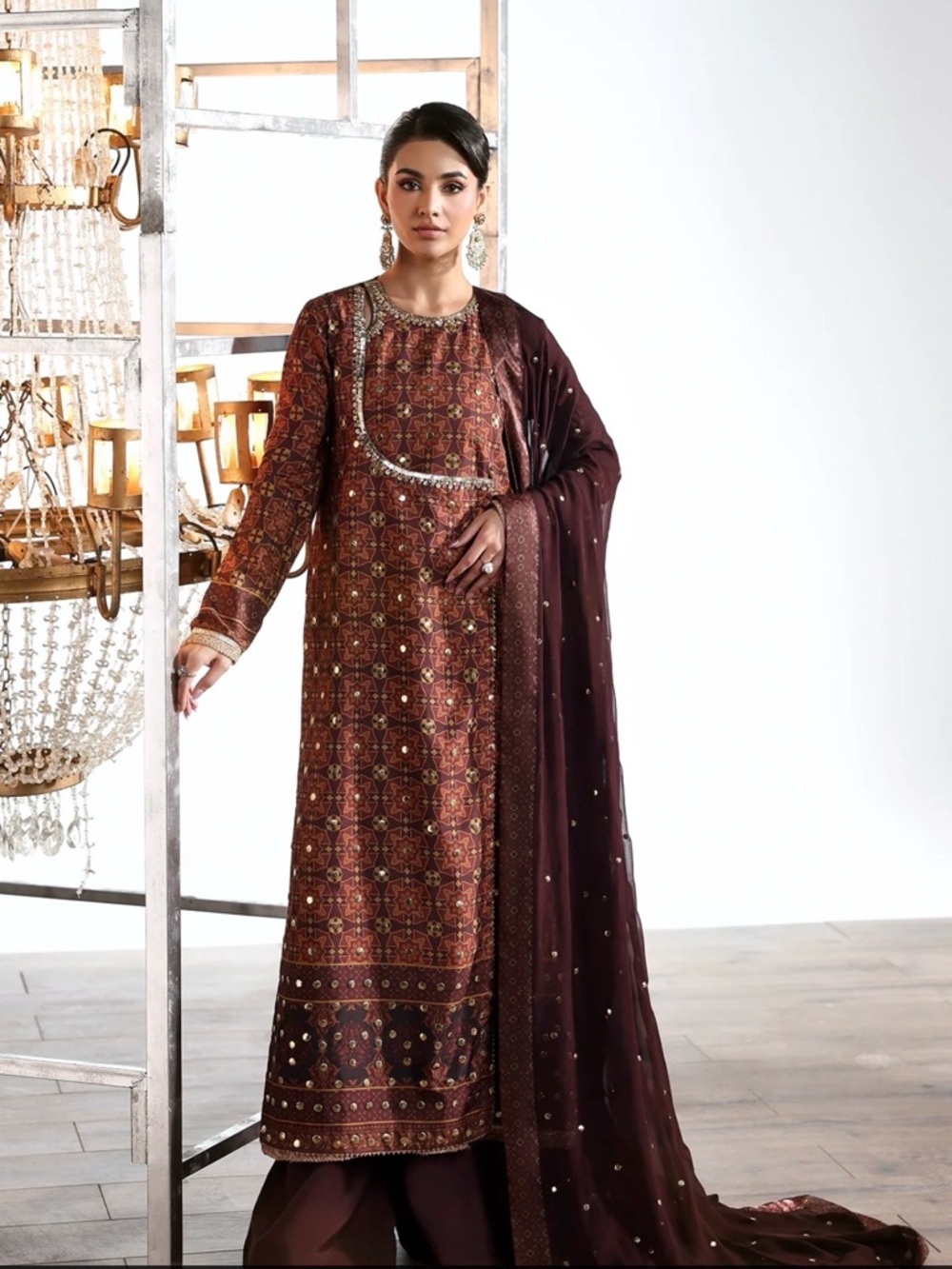 Embellished Maroon Long Dress with Sheer Dupatta - Picture 5 of 9